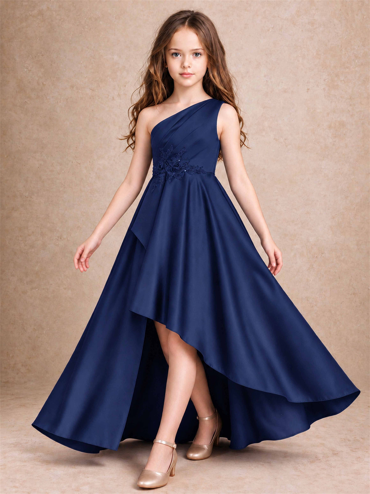 One Shoulder Satin Junior Bridesmaid Dress Lace Applique High Low Wedding Gown