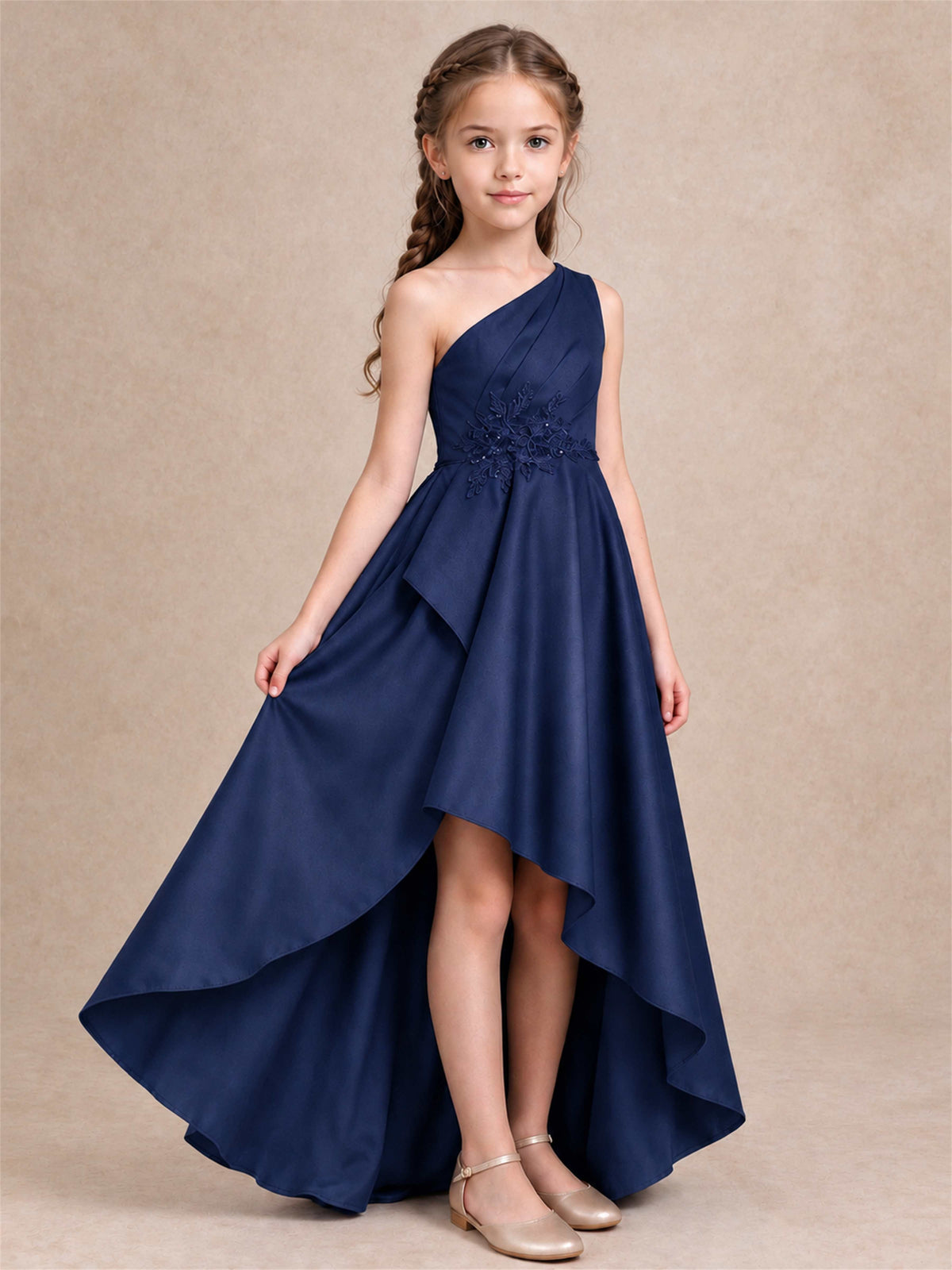 One Shoulder Satin Junior Bridesmaid Dress Lace Applique High Low Wedding Gown