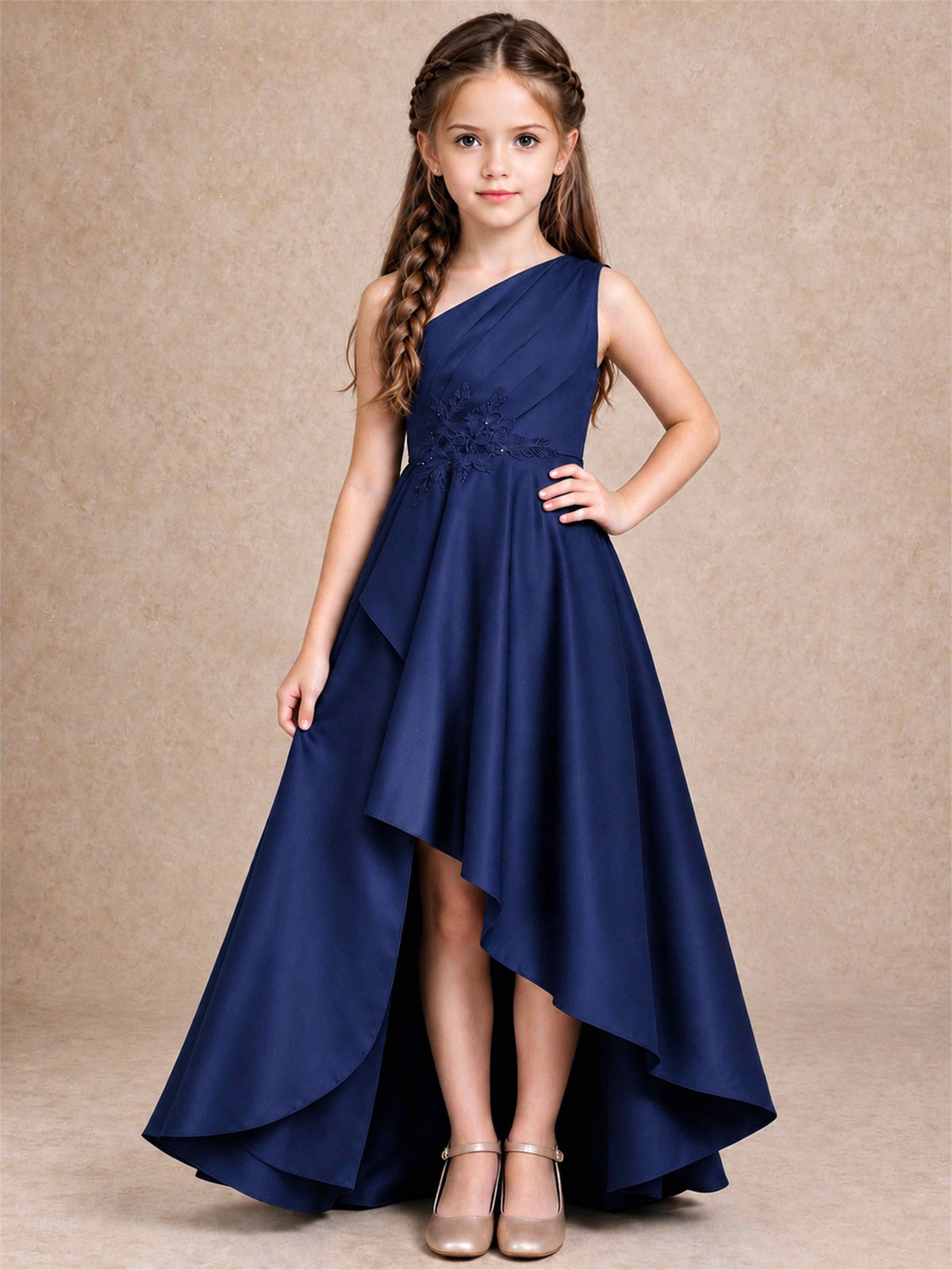 One Shoulder Satin Junior Bridesmaid Dress Lace Applique High Low Wedding Gown