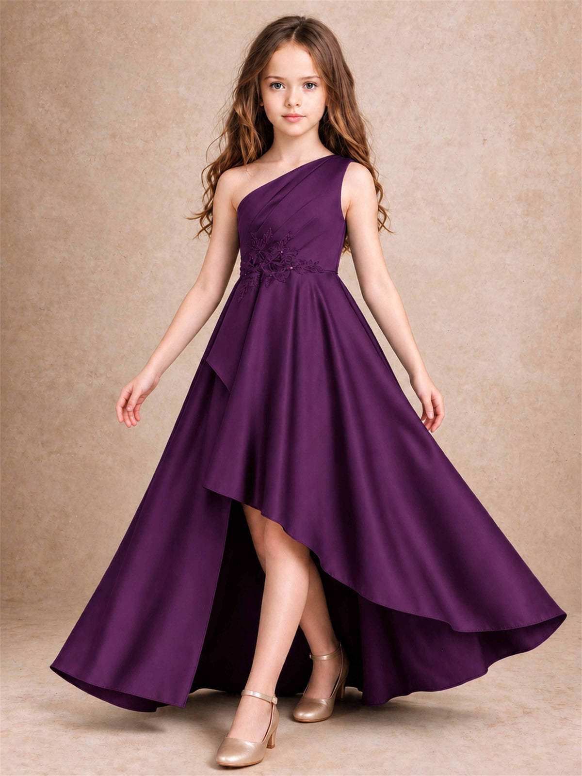 One Shoulder Satin Junior Bridesmaid Dress Lace Applique High Low Wedding Gown