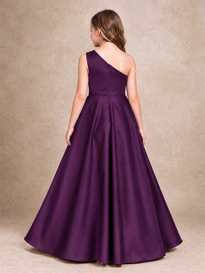 One Shoulder Satin Junior Bridesmaid Dress Lace Applique High Low Wedding Gown