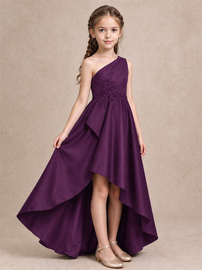 One Shoulder Satin Junior Bridesmaid Dress Lace Applique High Low Wedding Gown
