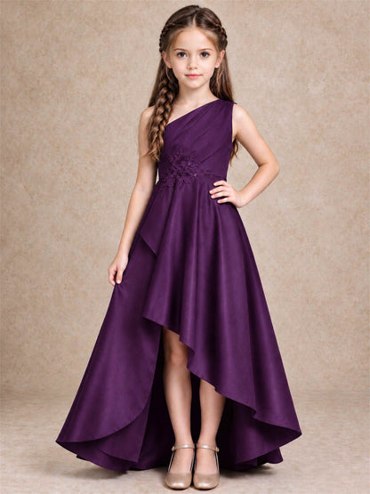 One Shoulder Satin Junior Bridesmaid Dress Lace Applique High Low Wedding Gown