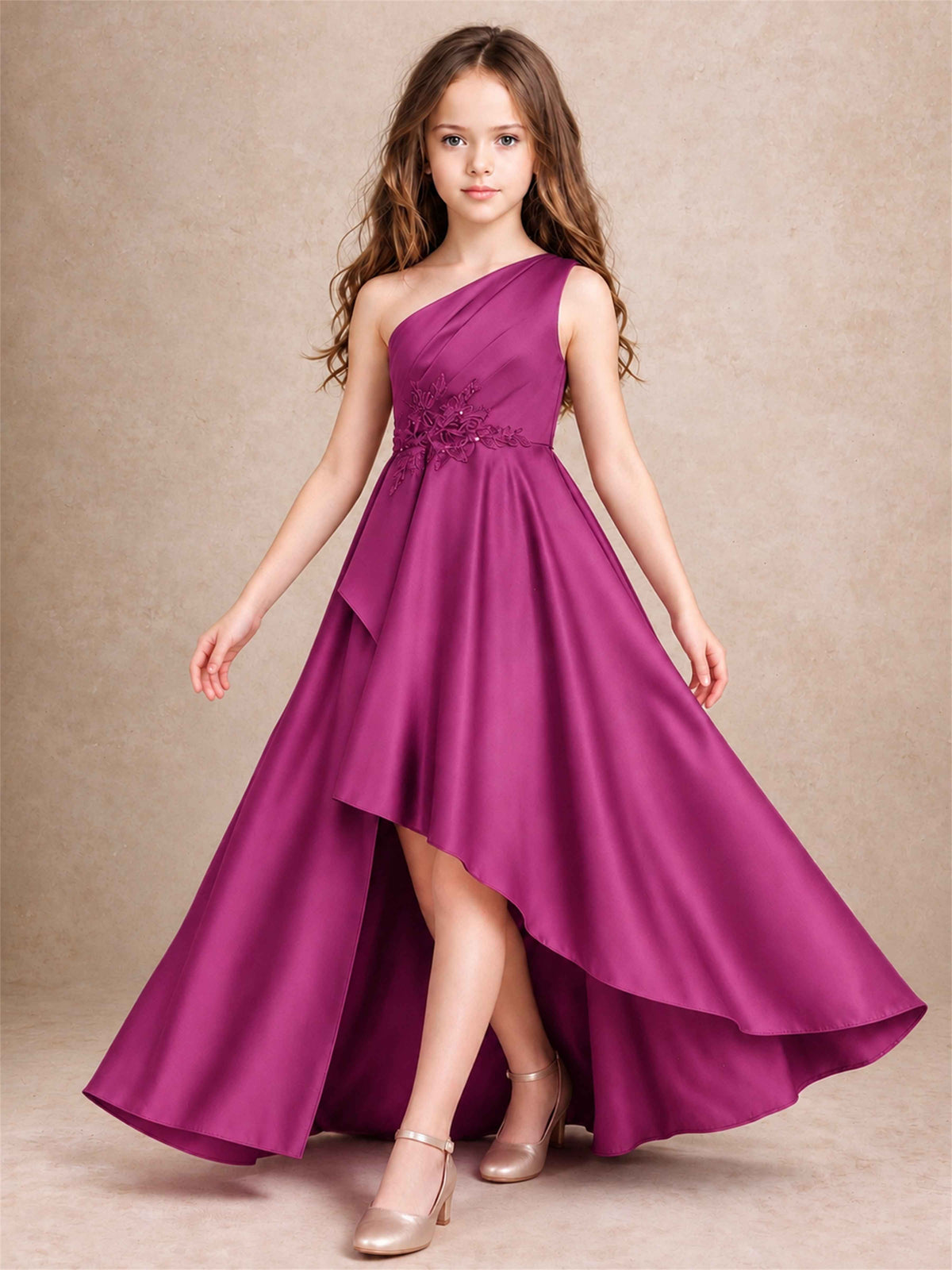One Shoulder Satin Junior Bridesmaid Dress Lace Applique High Low Wedding Gown