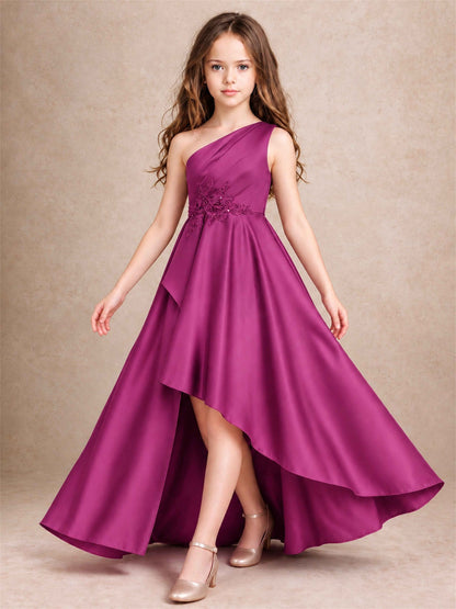 One Shoulder Satin Junior Bridesmaid Dress Lace Applique High Low Wedding Gown
