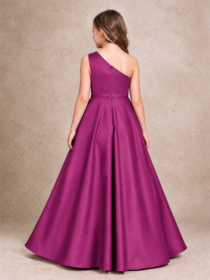 One Shoulder Satin Junior Bridesmaid Dress Lace Applique High Low Wedding Gown