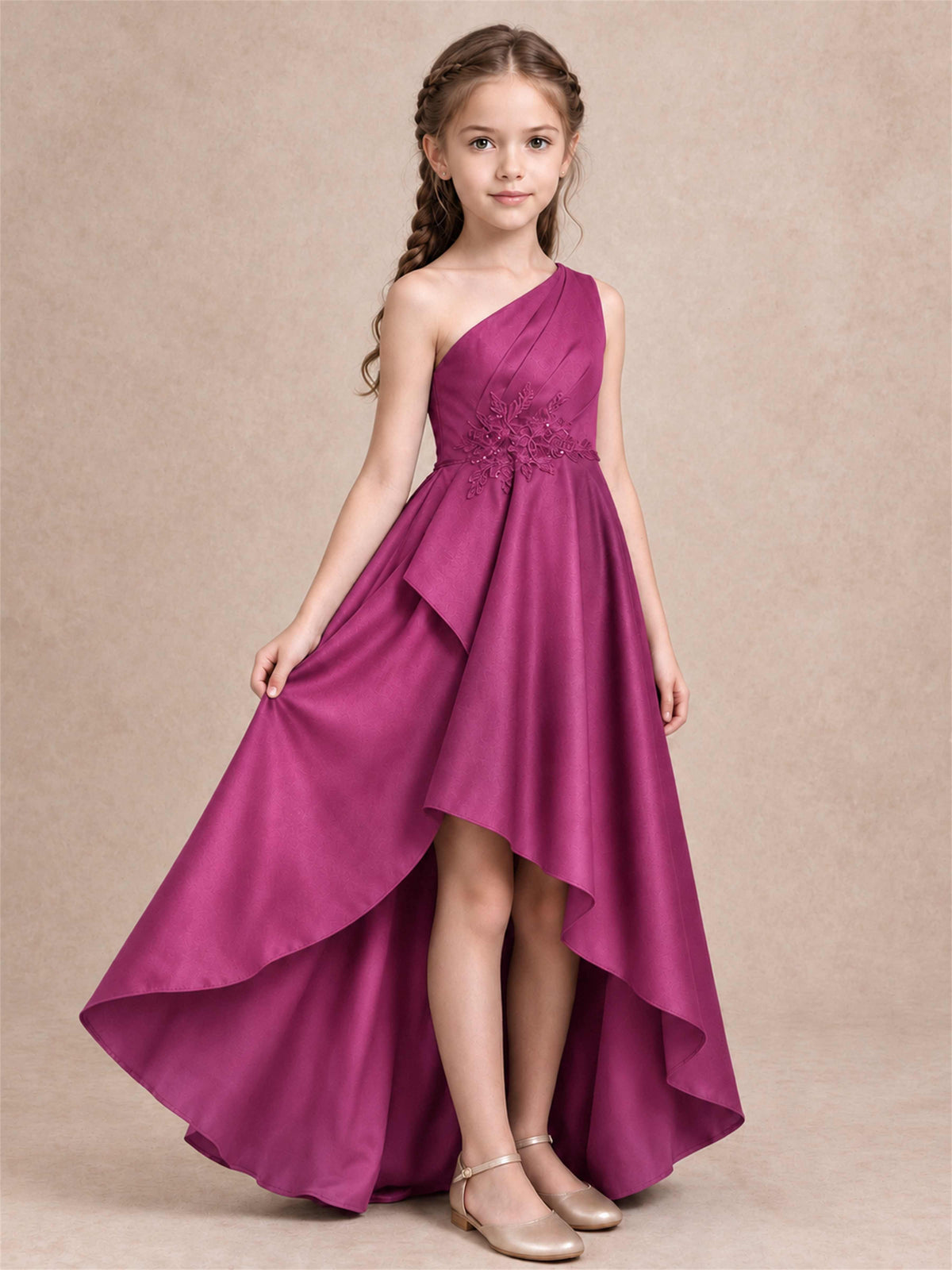 One Shoulder Satin Junior Bridesmaid Dress Lace Applique High Low Wedding Gown