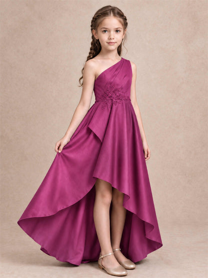 One Shoulder Satin Junior Bridesmaid Dress Lace Applique High Low Wedding Gown
