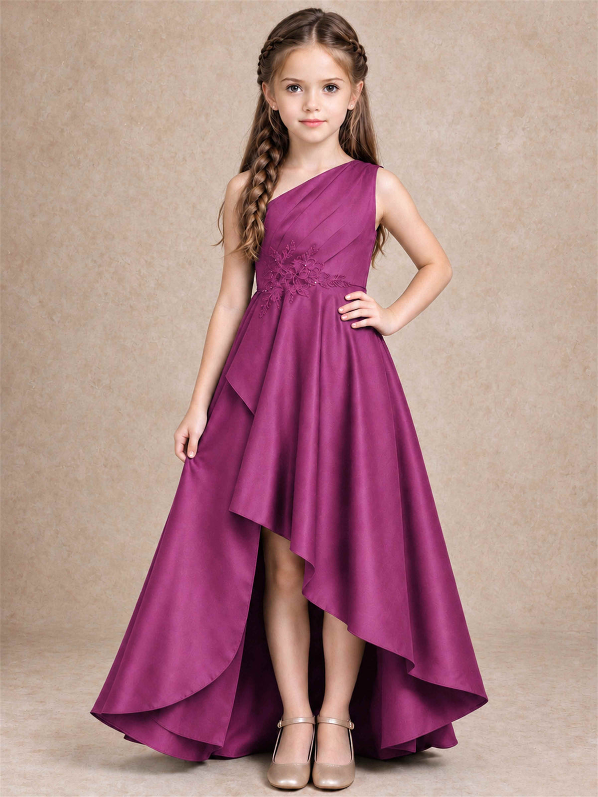 One Shoulder Satin Junior Bridesmaid Dress Lace Applique High Low Wedding Gown
