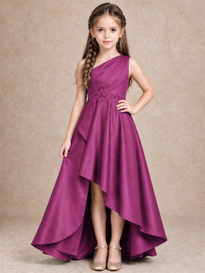 One Shoulder Satin Junior Bridesmaid Dress Lace Applique High Low Wedding Gown