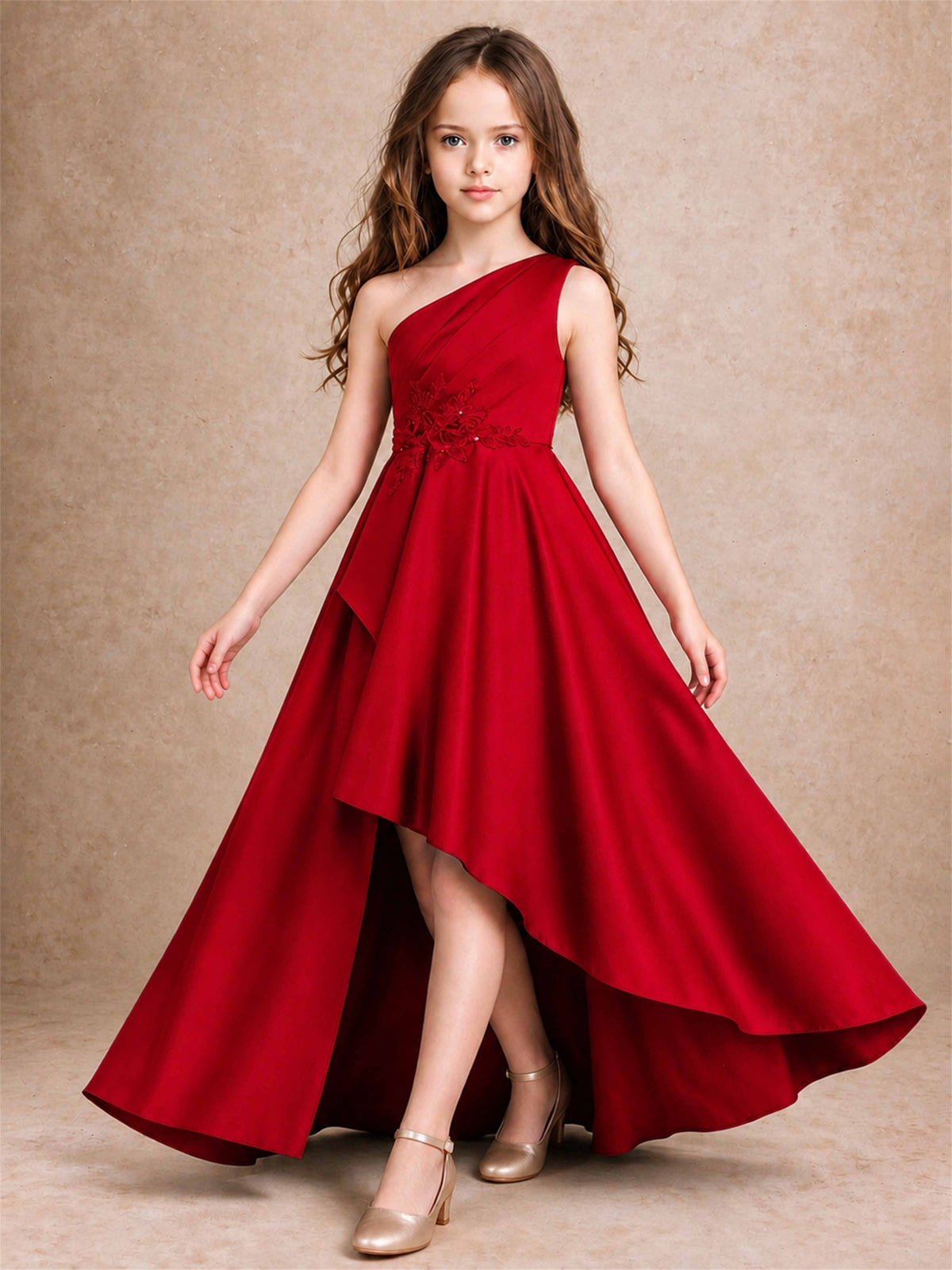 One Shoulder Satin Junior Bridesmaid Dress Lace Applique High Low Wedding Gown