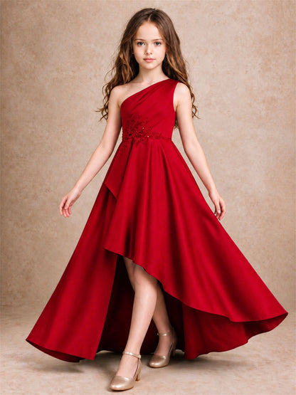 One Shoulder Satin Junior Bridesmaid Dress Lace Applique High Low Wedding Gown