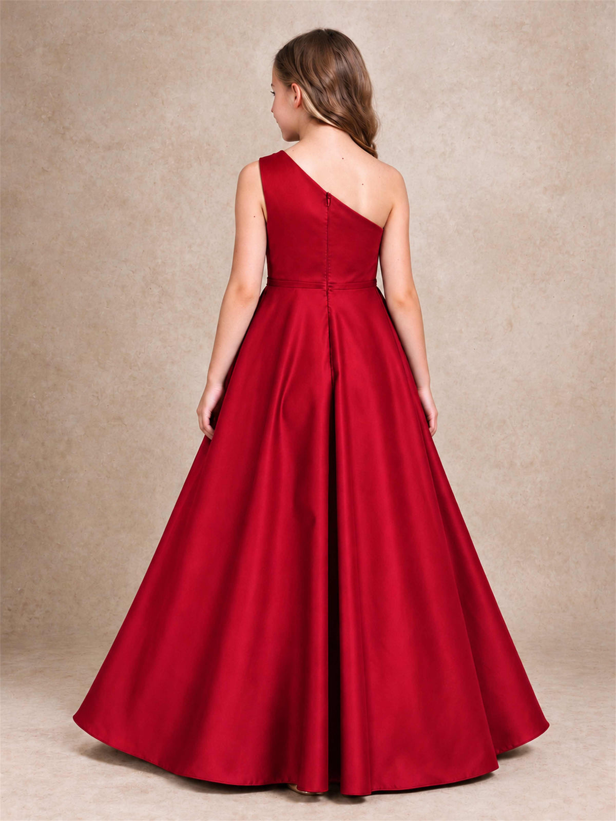 One Shoulder Satin Junior Bridesmaid Dress Lace Applique High Low Wedding Gown