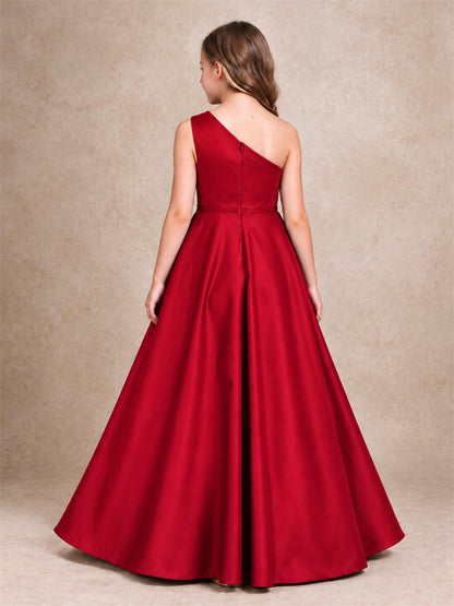 One Shoulder Satin Junior Bridesmaid Dress Lace Applique High Low Wedding Gown