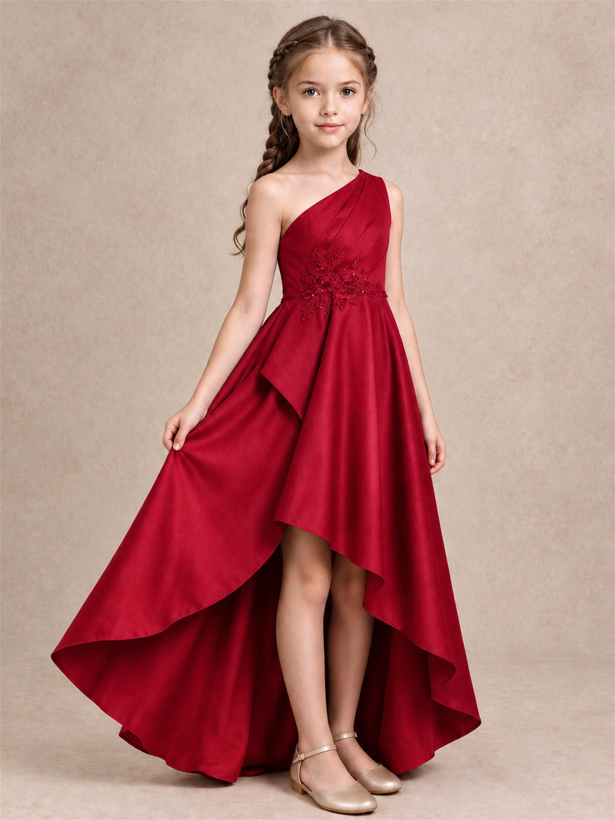 One Shoulder Satin Junior Bridesmaid Dress Lace Applique High Low Wedding Gown