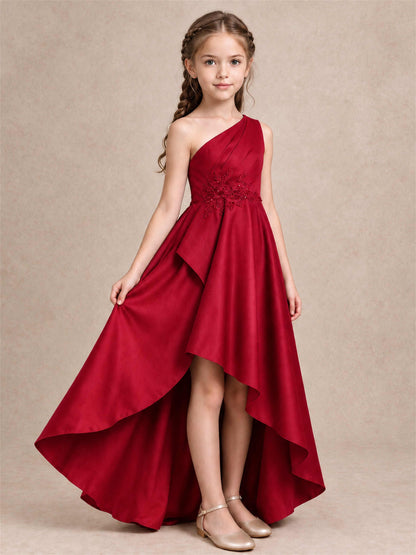 One Shoulder Satin Junior Bridesmaid Dress Lace Applique High Low Wedding Gown