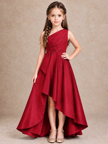 One Shoulder Satin Junior Bridesmaid Dress Lace Applique High Low Wedding Gown