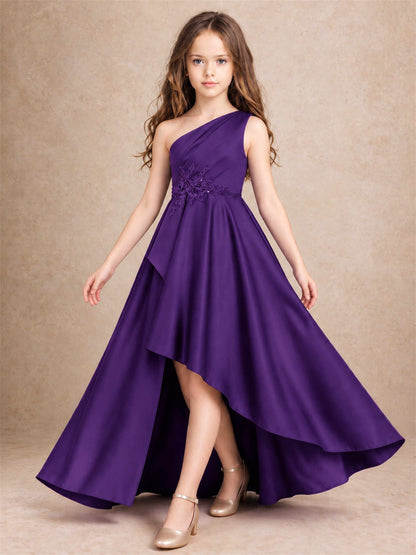 One Shoulder Satin Junior Bridesmaid Dress Lace Applique High Low Wedding Gown