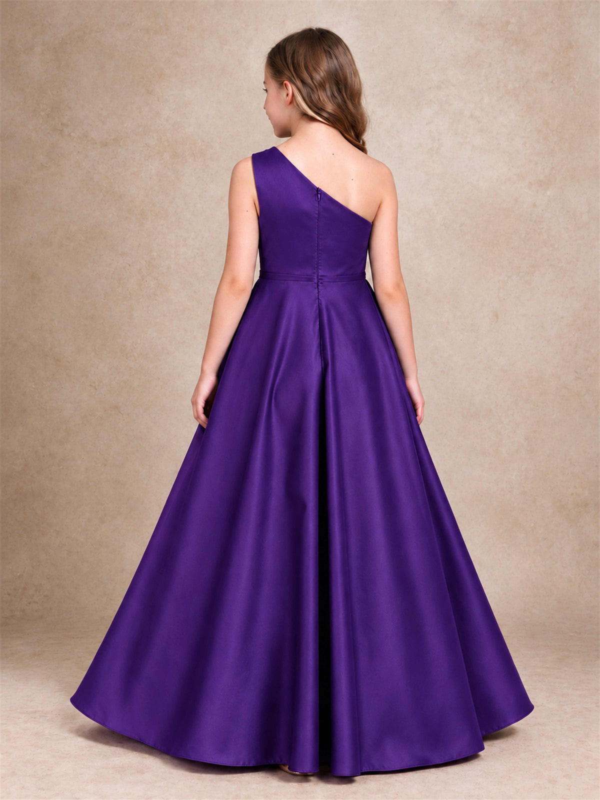 One Shoulder Satin Junior Bridesmaid Dress Lace Applique High Low Wedding Gown
