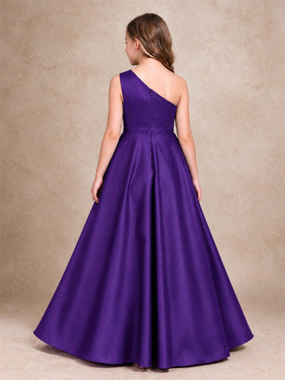 One Shoulder Satin Junior Bridesmaid Dress Lace Applique High Low Wedding Gown