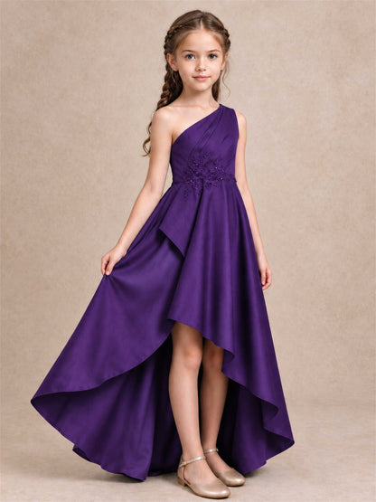 One Shoulder Satin Junior Bridesmaid Dress Lace Applique High Low Wedding Gown