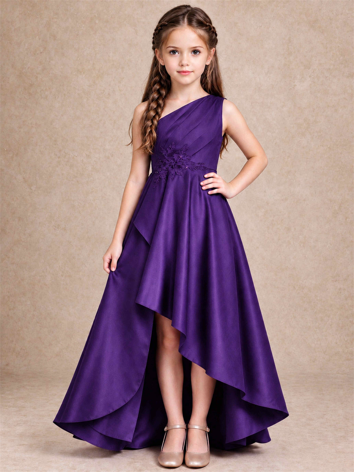 One Shoulder Satin Junior Bridesmaid Dress Lace Applique High Low Wedding Gown