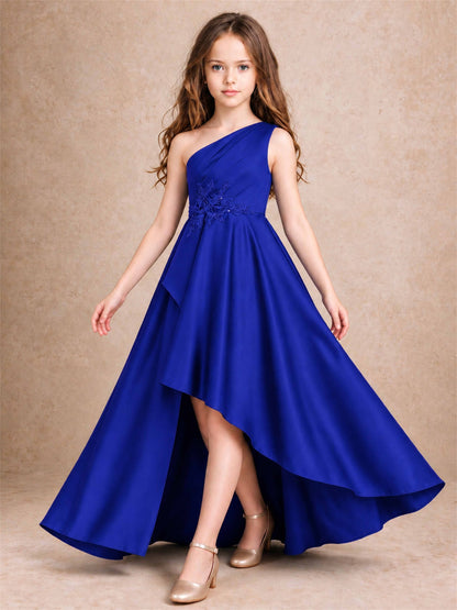 One Shoulder Satin Junior Bridesmaid Dress Lace Applique High Low Wedding Gown