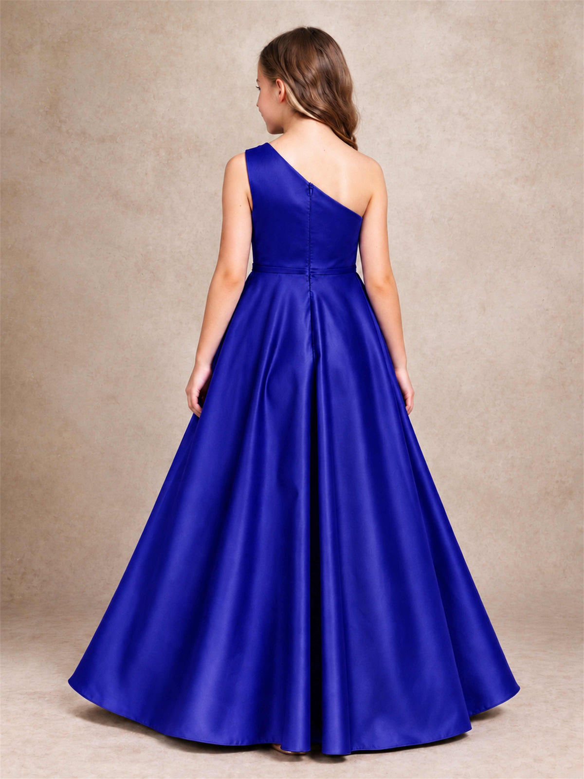 One Shoulder Satin Junior Bridesmaid Dress Lace Applique High Low Wedding Gown