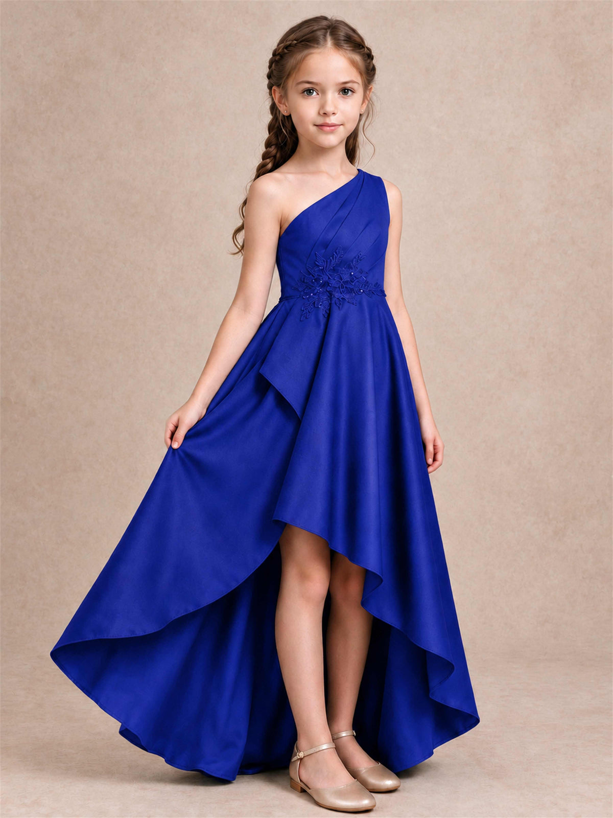 One Shoulder Satin Junior Bridesmaid Dress Lace Applique High Low Wedding Gown