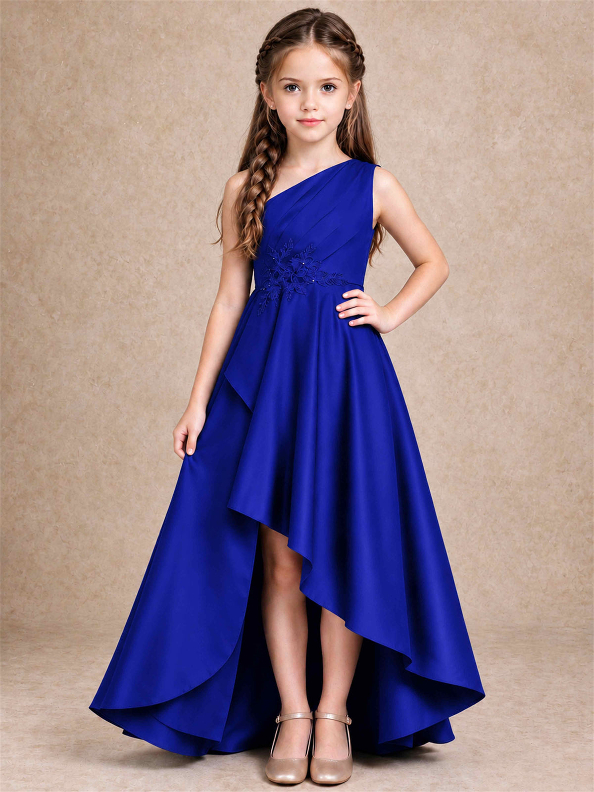 One Shoulder Satin Junior Bridesmaid Dress Lace Applique High Low Wedding Gown