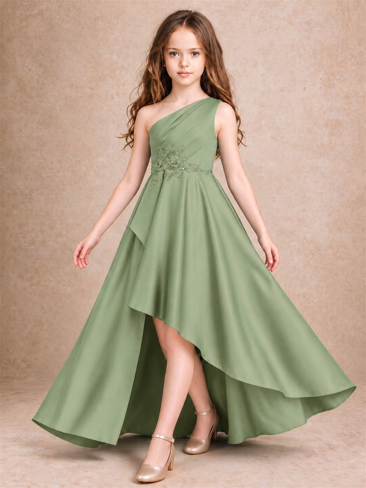 One Shoulder Satin Junior Bridesmaid Dress Lace Applique High Low Wedding Gown
