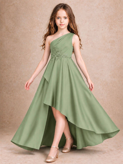 One Shoulder Satin Junior Bridesmaid Dress Lace Applique High Low Wedding Gown