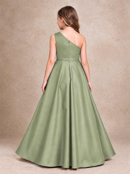One Shoulder Satin Junior Bridesmaid Dress Lace Applique High Low Wedding Gown