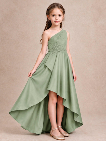 One Shoulder Satin Junior Bridesmaid Dress Lace Applique High Low Wedding Gown