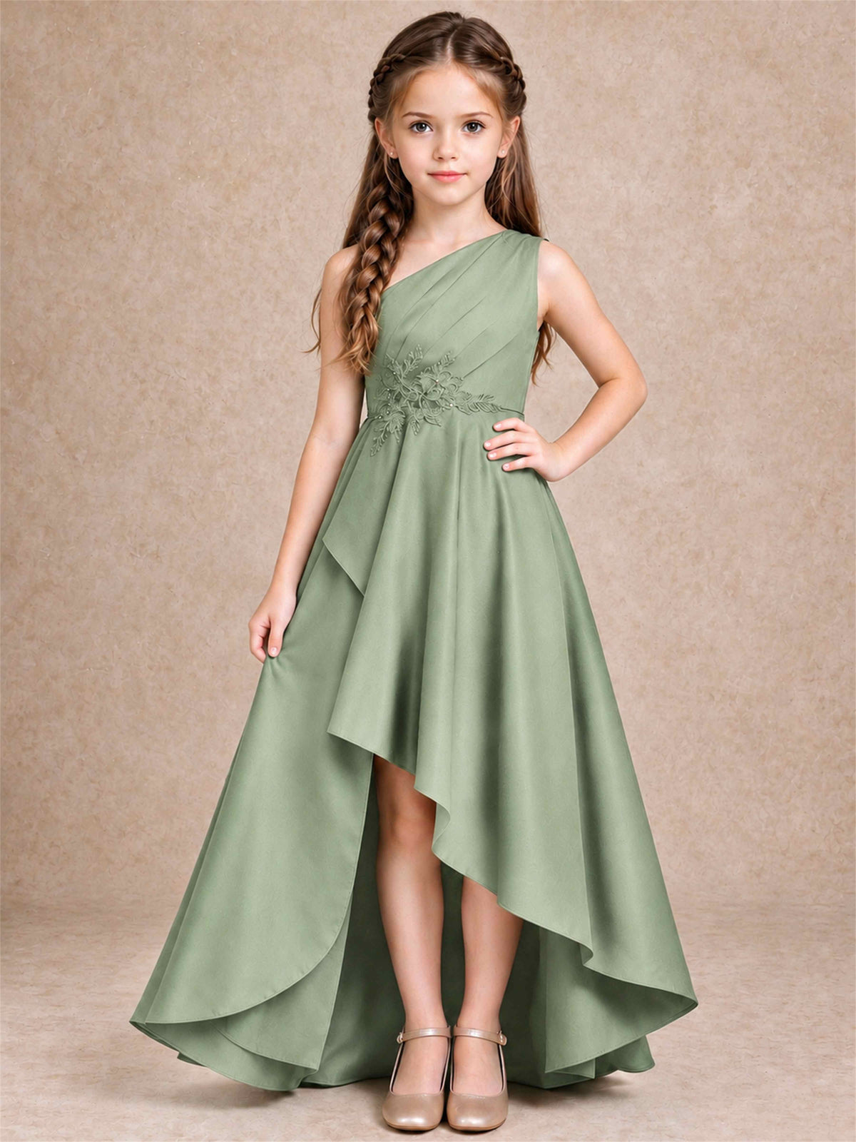 One Shoulder Satin Junior Bridesmaid Dress Lace Applique High Low Wedding Gown