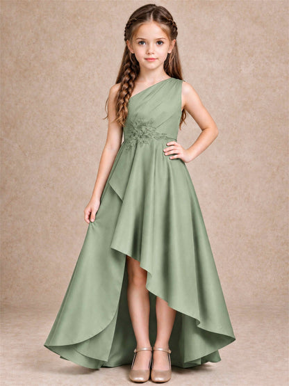 One Shoulder Satin Junior Bridesmaid Dress Lace Applique High Low Wedding Gown