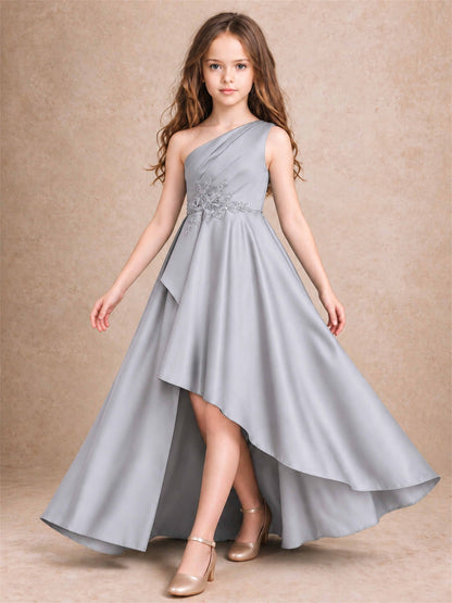 One Shoulder Satin Junior Bridesmaid Dress Lace Applique High Low Wedding Gown