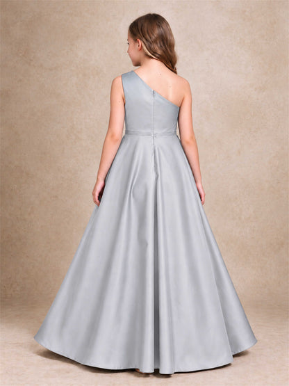 One Shoulder Satin Junior Bridesmaid Dress Lace Applique High Low Wedding Gown