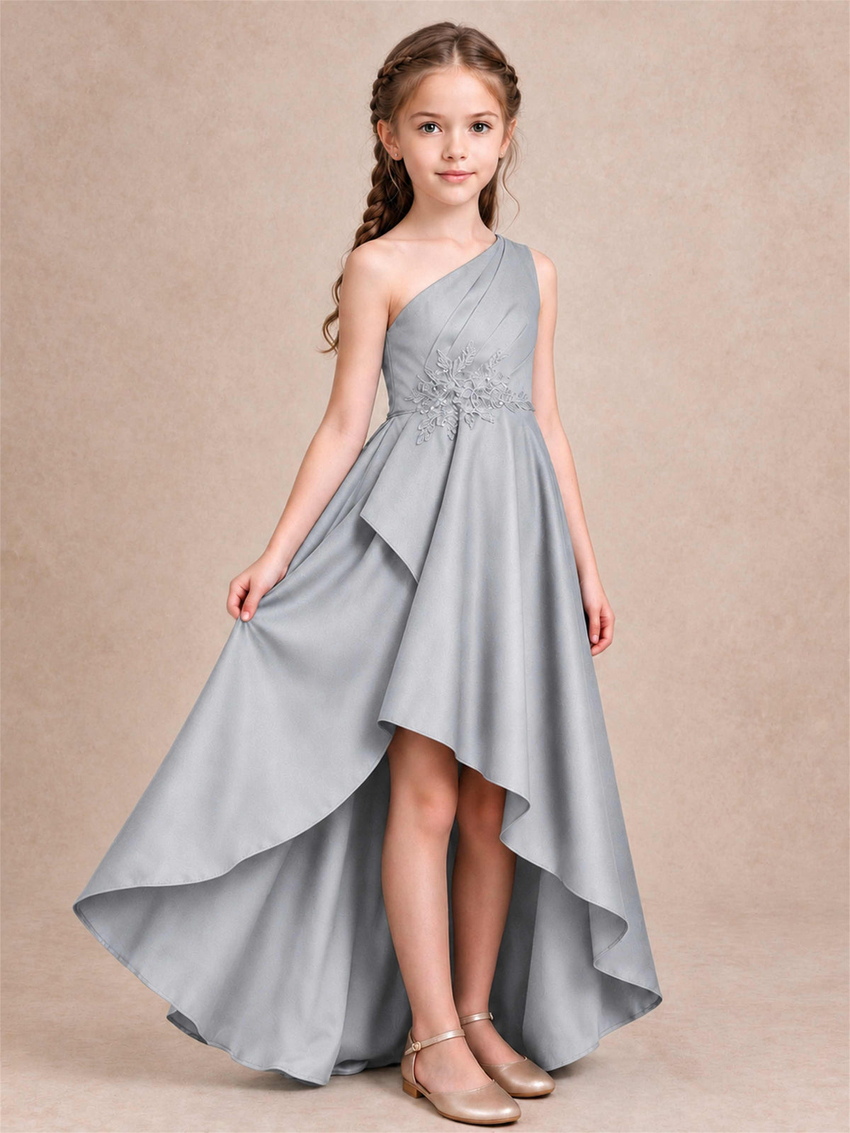 One Shoulder Satin Junior Bridesmaid Dress Lace Applique High Low Wedding Gown
