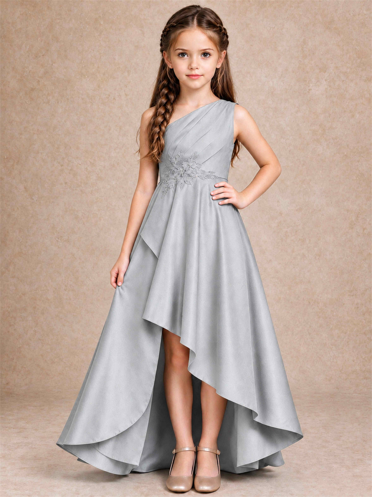 One Shoulder Satin Junior Bridesmaid Dress Lace Applique High Low Wedding Gown