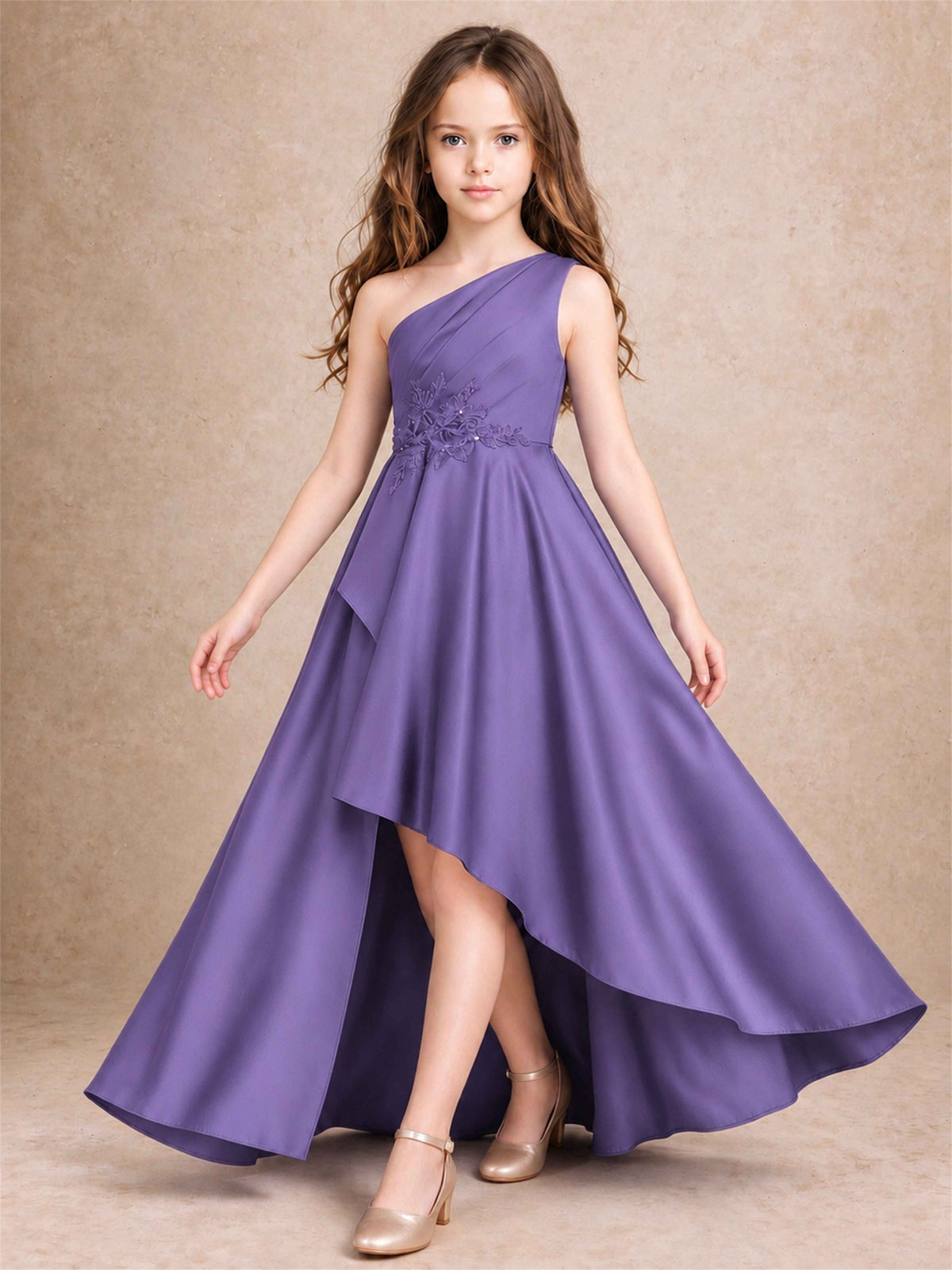 One Shoulder Satin Junior Bridesmaid Dress Lace Applique High Low Wedding Gown