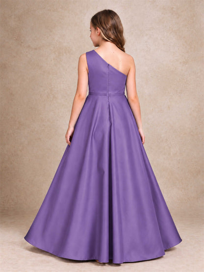 One Shoulder Satin Junior Bridesmaid Dress Lace Applique High Low Wedding Gown