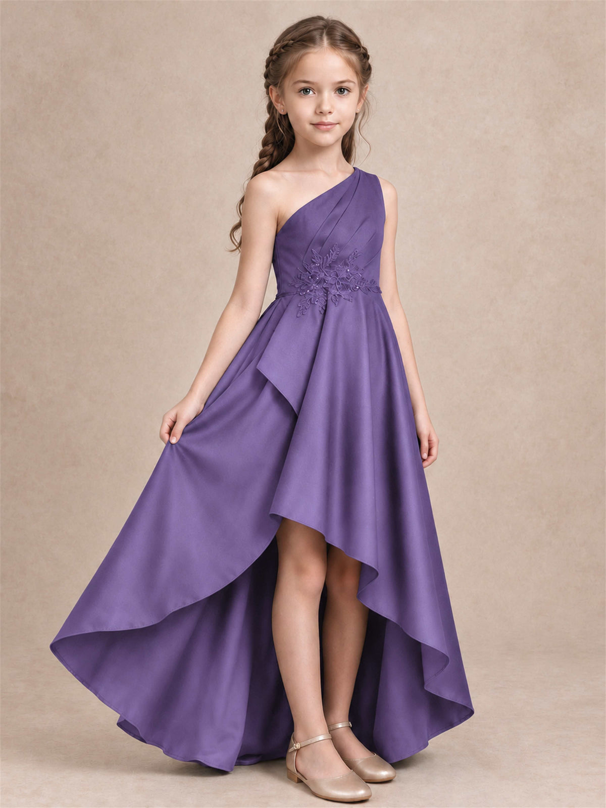 One Shoulder Satin Junior Bridesmaid Dress Lace Applique High Low Wedding Gown