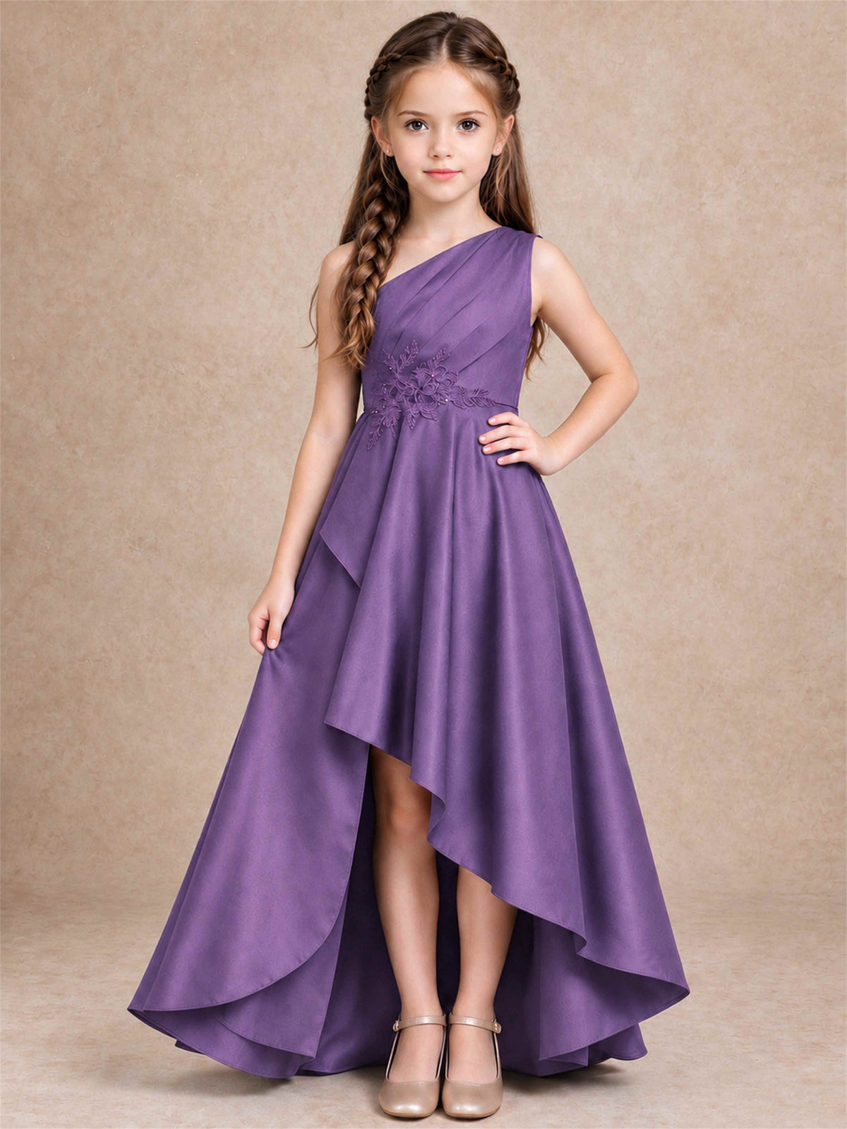 One Shoulder Satin Junior Bridesmaid Dress Lace Applique High Low Wedding Gown
