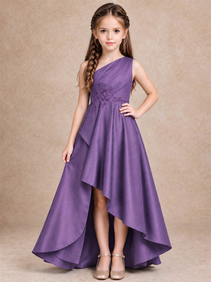 One Shoulder Satin Junior Bridesmaid Dress Lace Applique High Low Wedding Gown