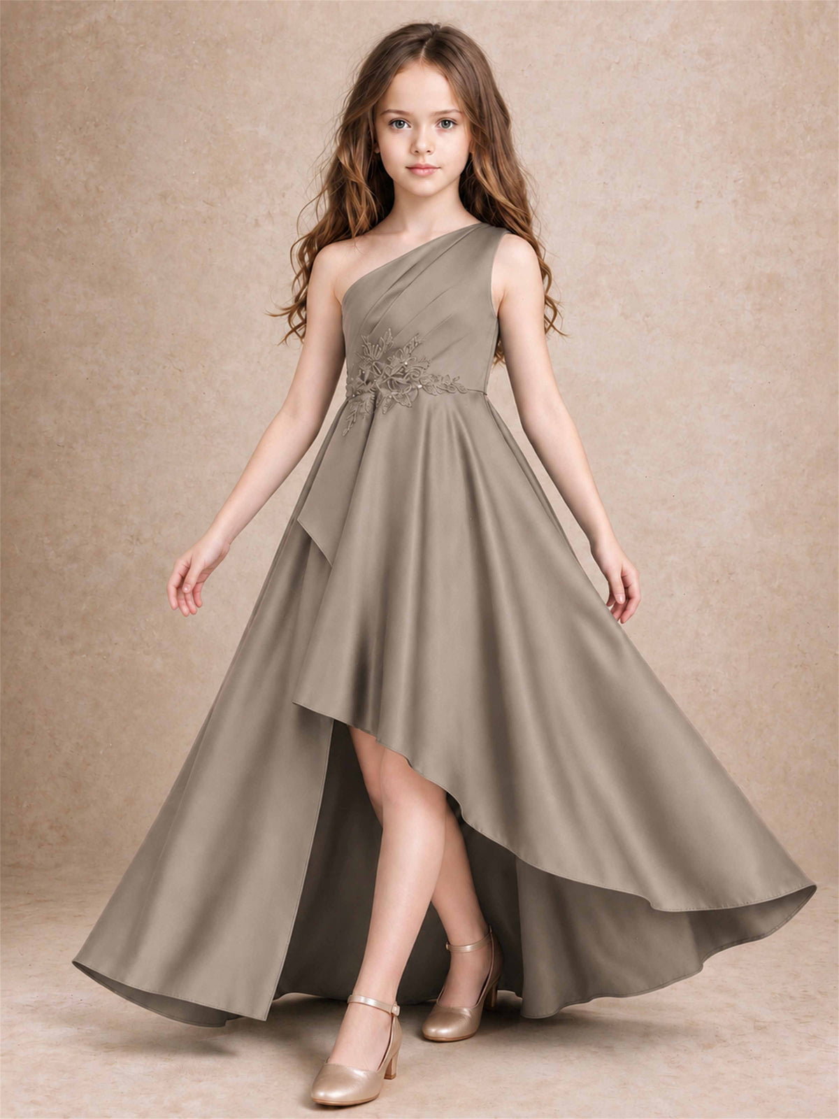 One Shoulder Satin Junior Bridesmaid Dress Lace Applique High Low Wedding Gown