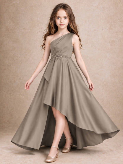 One Shoulder Satin Junior Bridesmaid Dress Lace Applique High Low Wedding Gown