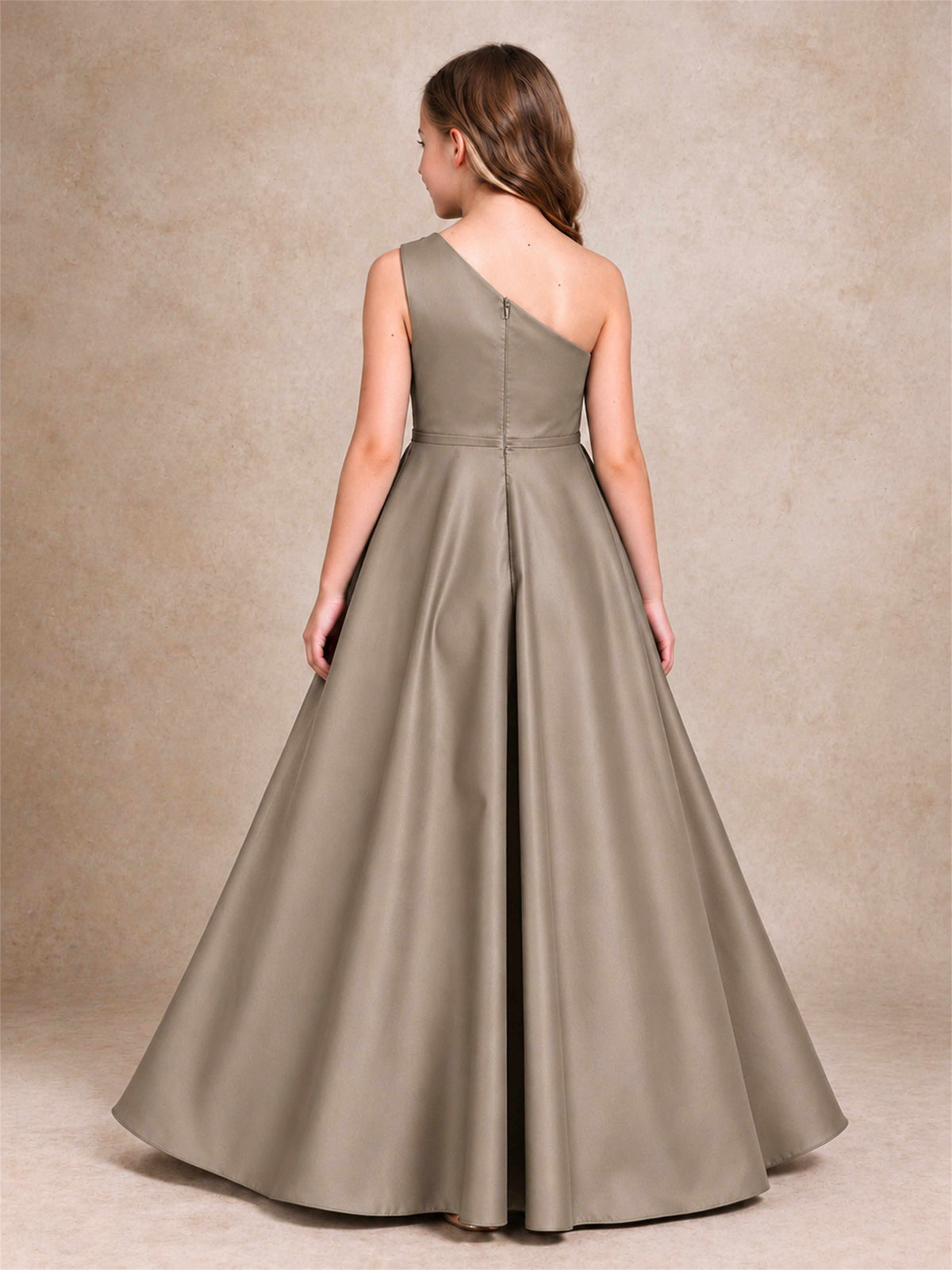 One Shoulder Satin Junior Bridesmaid Dress Lace Applique High Low Wedding Gown