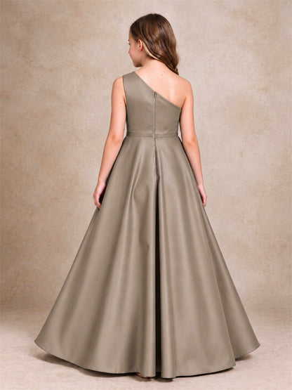 One Shoulder Satin Junior Bridesmaid Dress Lace Applique High Low Wedding Gown