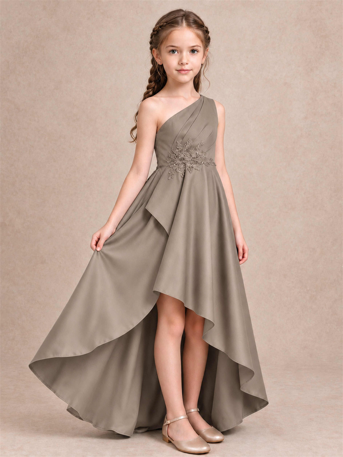 One Shoulder Satin Junior Bridesmaid Dress Lace Applique High Low Wedding Gown